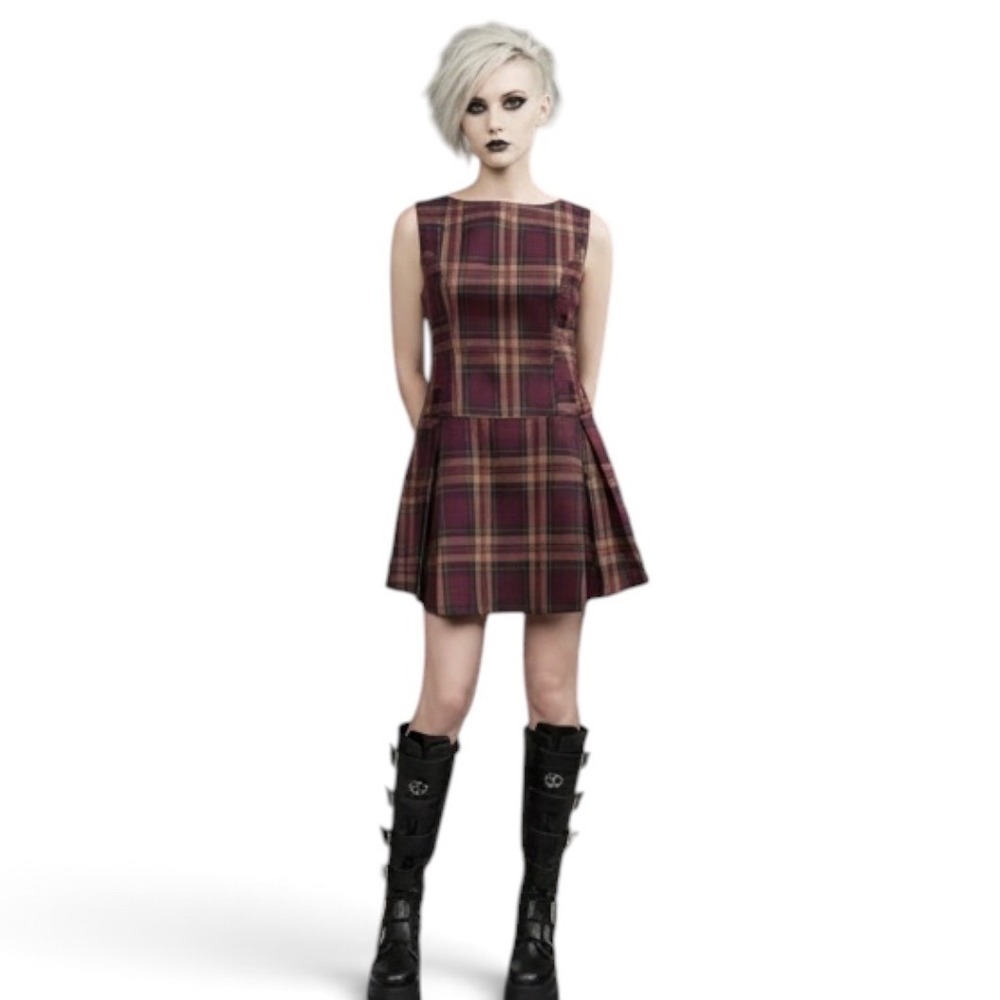Commense Plaid Mini Dress Pleated Skirt Dark Academia Preppy Burgundy Large